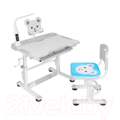 Парта+стул Anatomica Litra с ящиком, светильником и подставкой (белый/серый)