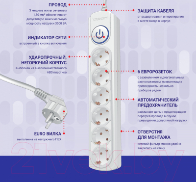 Сетевой фильтр IPPON BK-6-EU-5-16-W (5м, 6 розеток, белый)