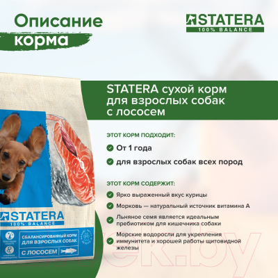 Сухой корм для собак Statera Для взрослых всех пород с лососем и рисом / STA044 (3кг)
