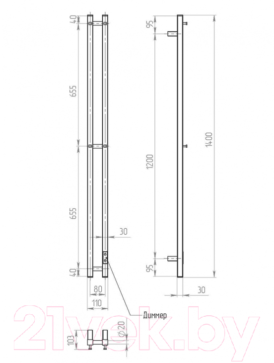 Полотенцесушитель электрический Двин X-2 Plaza Neo 140x8 BL — фото 4