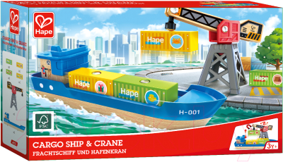 Корабль игрушечный Hape Грузовой корабль и подъемный кран. У моря / E3792_HP