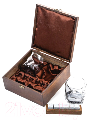 Набор для виски AMIRO ABW-304S В деревянной шкатулке (2 стакана, 6 камней)