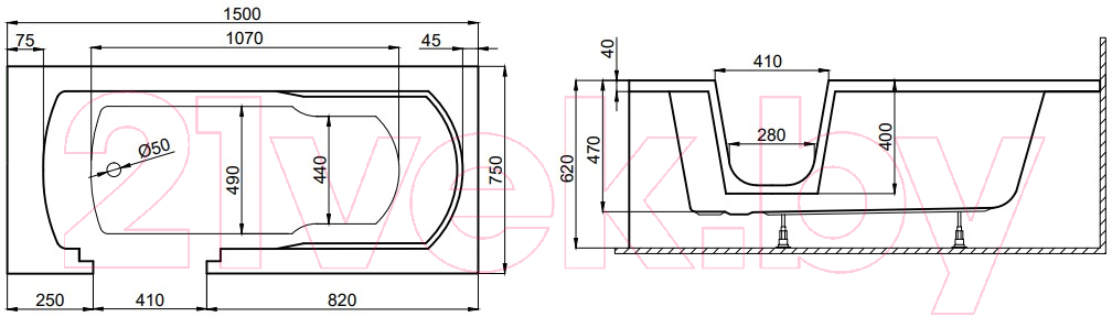 Ванна акриловая Polimat Vovo 150x75 / 00484