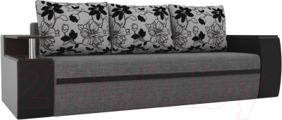 Диван Лига Диванов Ричмонд / 114993 (рогожка серый/экокожа черный/подушки флок на рогожке цветы)