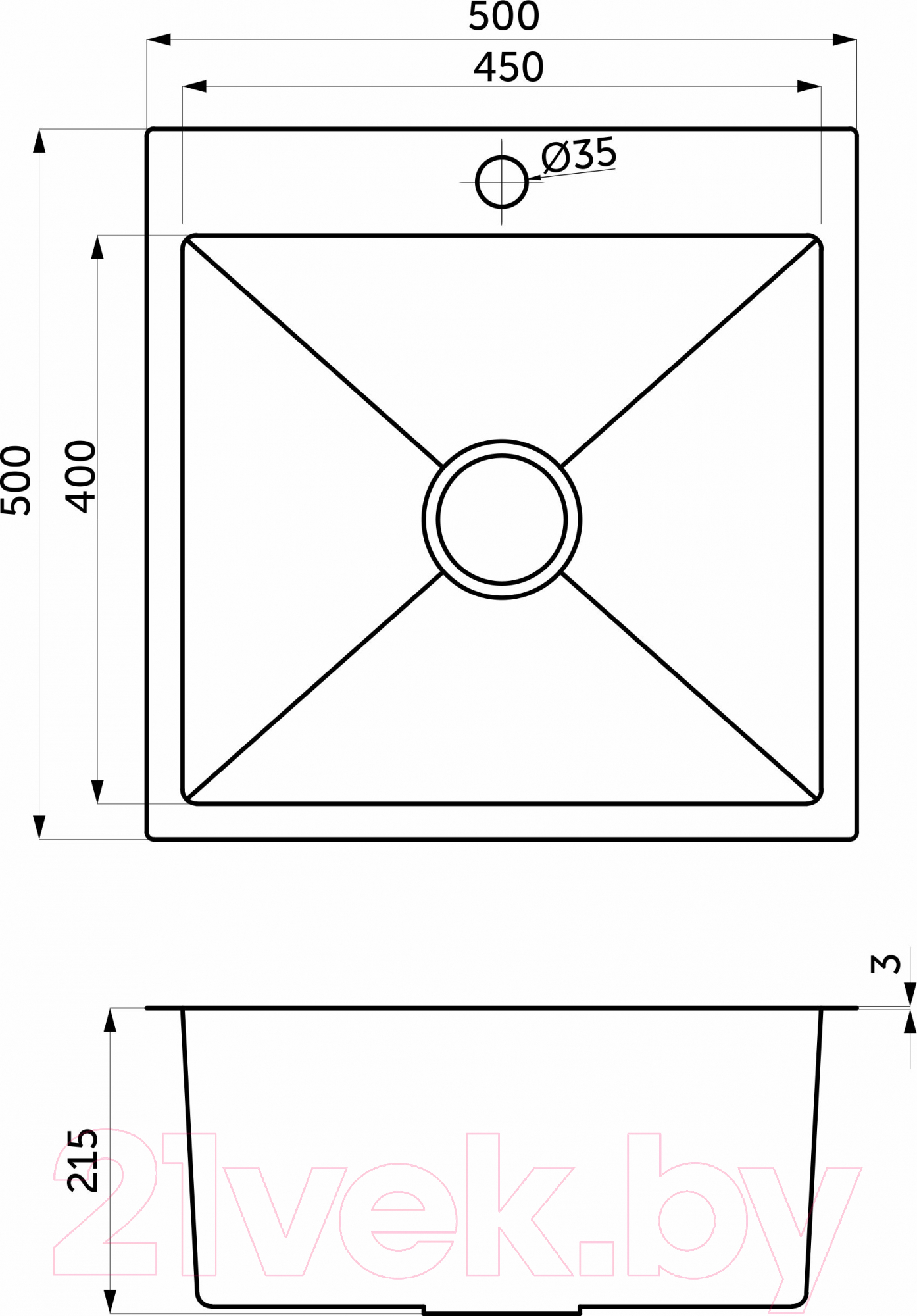 Мойка кухонная AKS Квадратная 50x50