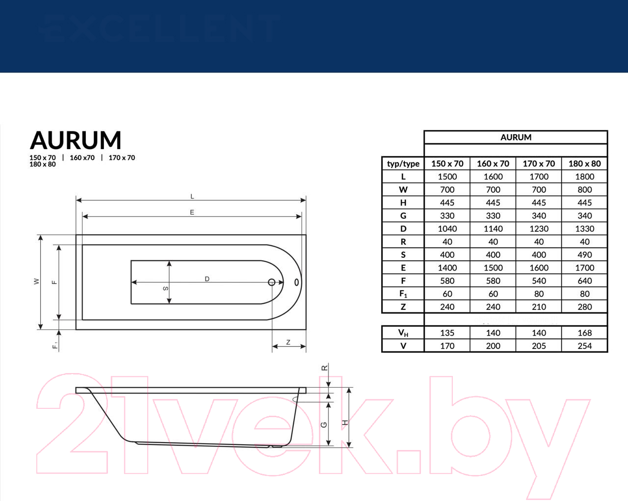 Ванна акриловая Excellent Aurum 180x80