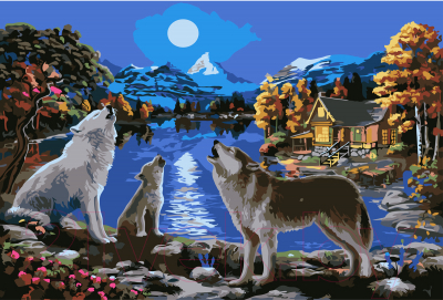 Картина по номерам РЫЖИЙ КОТ Волки у ночного озера / ХК-4963