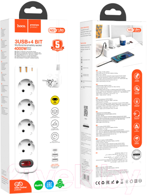 Удлинитель Hoco NS1 Aura 4-bit / 60555 (белый)
