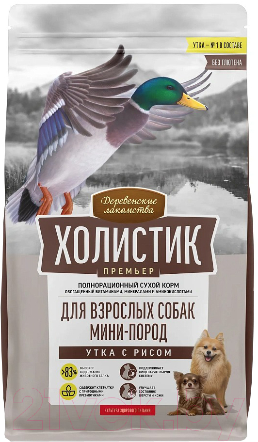 Сухой корм для собак Деревенские лакомства Холистик Премьер. Утка с рисом (1кг)