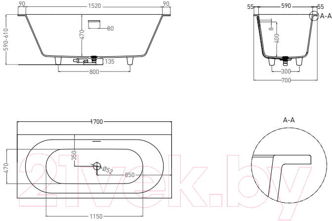 Ванна из искусственного мрамора Salini Ornella Axis Kit 170x70 / 104723M