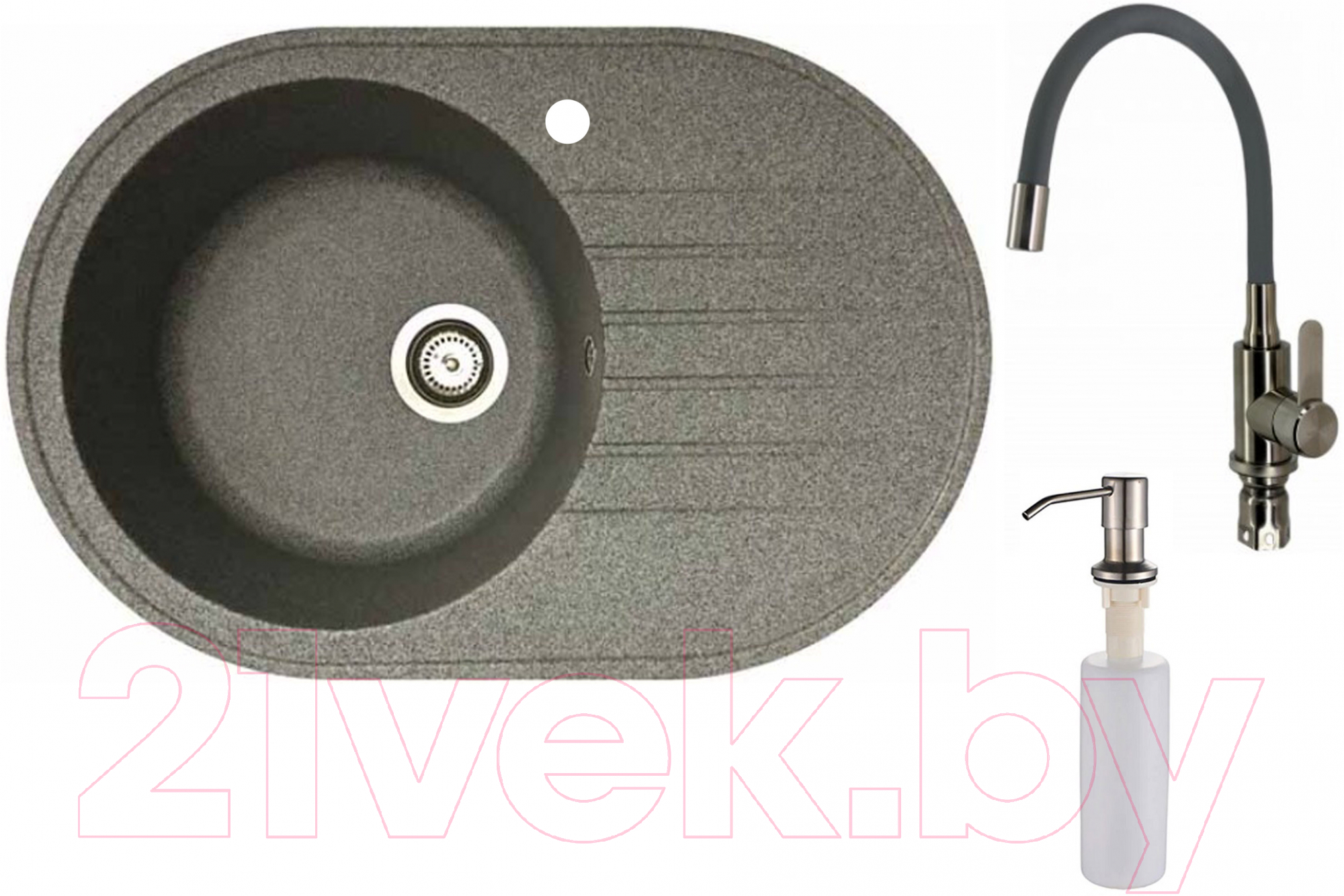 Мойка кухонная со смесителем БелЭворс Rondo L + смеситель W74004-9 + дозатор L405-1 (серый/сатин)