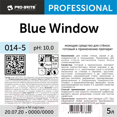 Средство для мытья стекол Pro-Brite Professional Blue Window 014-5 (5л)