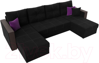 Диван П-образный Лига Диванов Валенсия / 31446 (микровельвет черный/подушки черный/фиолетовый)