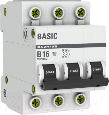 Выключатель автоматический EKF Basic 3P 16А (B) 4.5кА ВА 47-29 / mcb4729-3-16-B