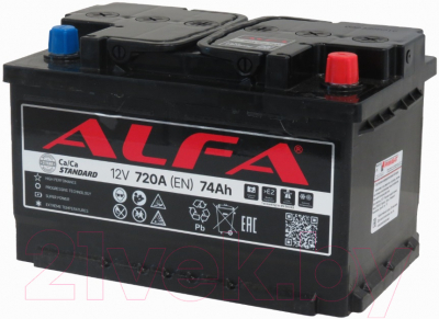 Автомобильный аккумулятор ALFA battery Battery Standart R+ низкий 720A / 6CT-74R (74 А/ч)
