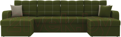 Диван П-образный Лига Диванов Ливерпуль / 31467 (микровельвет зеленый/подушки зеленый/бежевый)