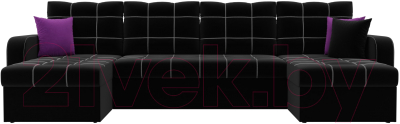Диван П-образный Лига Диванов Ливерпуль / 31470 (микровельвет черный/подушки черный/фиолетовый)