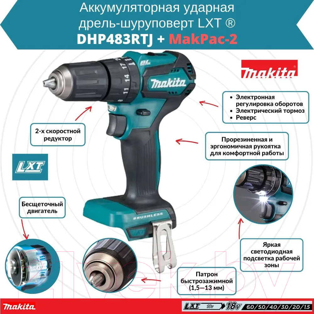 Профессиональная дрель-шуруповерт Makita DHP483RTJ