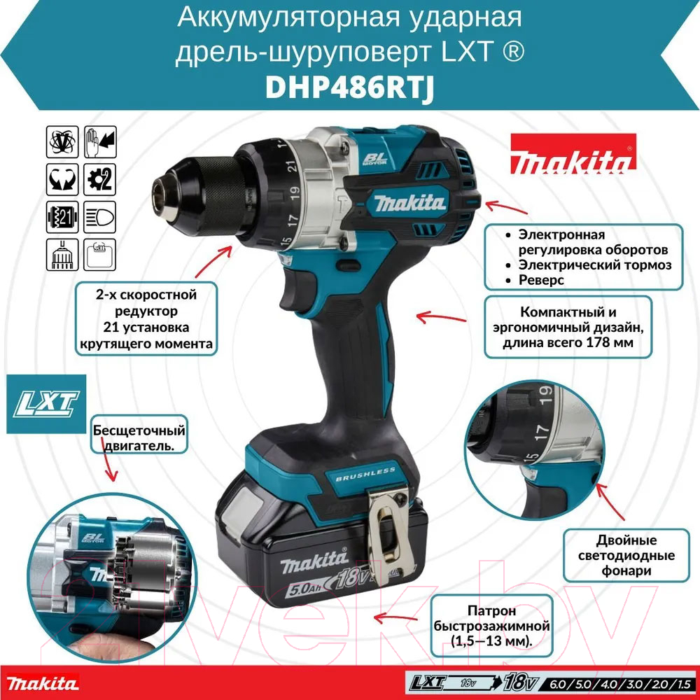 Профессиональная дрель-шуруповерт Makita DHP486RTJ