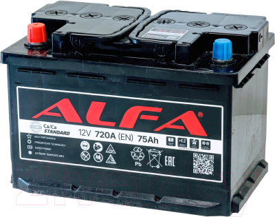 Автомобильный аккумулятор ALFA battery Standart L 720A / 6CT-75L (75 А/ч)