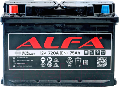 Автомобильный аккумулятор ALFA battery Standart L 720A / 6CT-75L (75 А/ч)