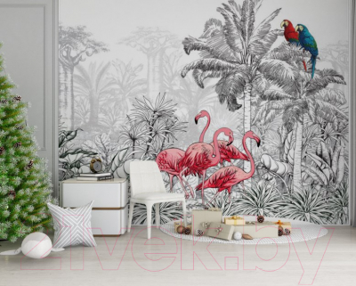 Фотообои листовые ФабрикаФресок Контрастные фламинго и попугаи / 283270 (300x270)