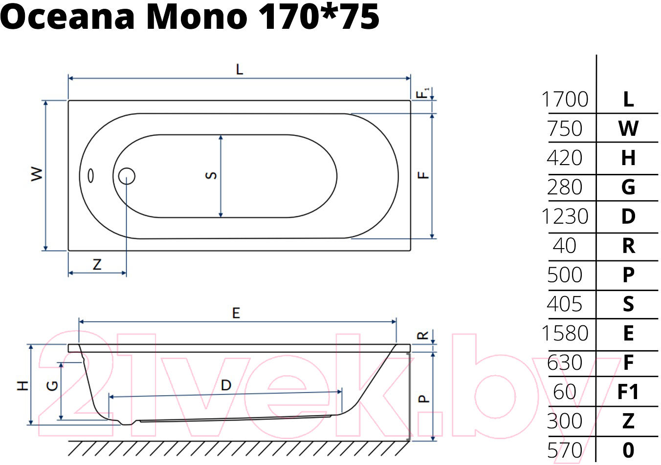 Ванна акриловая Excellent Oceana Mono 170x75