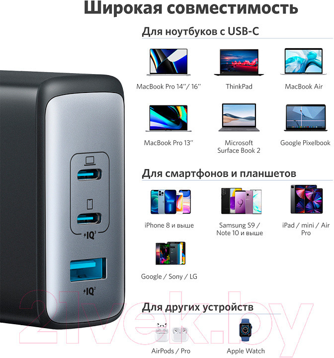 Адаптер питания сетевой Anker PowerPort Nano II GAN 100W A2145 USB-A/2 USB-C / ANK-A2145G11-BK