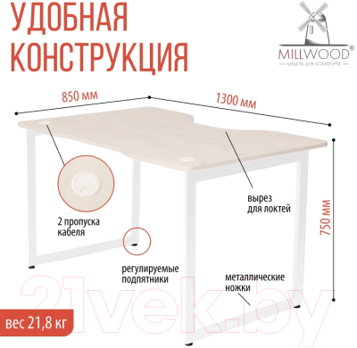 Компьютерный стол Millwood Лофт Будапешт ДТ-4 130x85x75 (дуб белый Craft/металл белый)