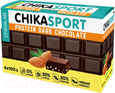 Протеиновый шоколад Chikalab Sport темный шоколад с миндалем (4x100г)
