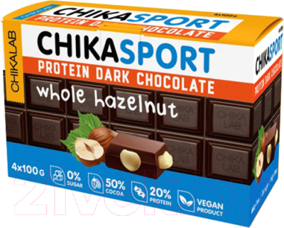 Протеиновый шоколад Chikalab Sport темный шоколад с фундуком (4x100г)