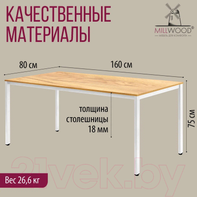 Обеденный стол Millwood Сеул Л 160x80x75 (дуб золотой Craft/металл белый)