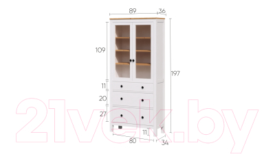 Шкаф с витриной Лузалес Кымор с 3 ящиками (белый/светло-коричневый)