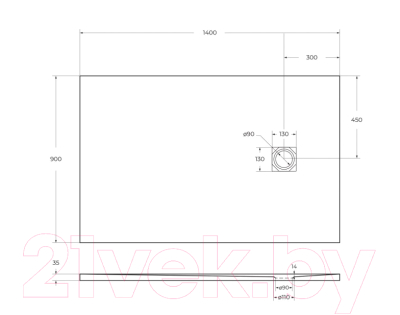 Душевой поддон BelBagno TRAY-MR-UNO-AH-140/90-35-W