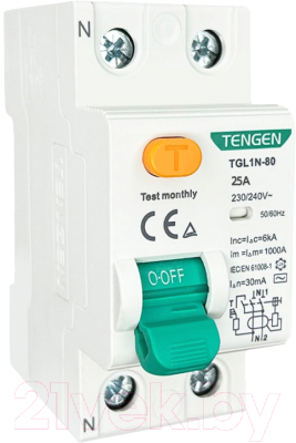 Устройство защитного отключения Tengen TGL1N-80 2P 25A 6kA 30mA AC 2M / TEN320003