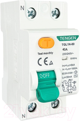 Устройство защитного отключения Tengen TGL1N-80 2P 40A 6kA 30mA AC 2M / TEN320005