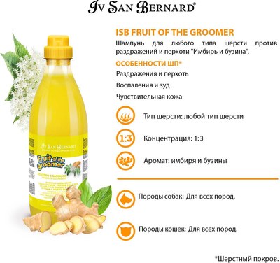 Шампунь для животных Iv San Bernard Fruit of the Groomer Ginger&Elderbery против раздражений (1л)