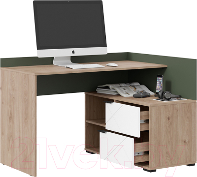 Письменный стол ТриЯ Лео угловой (гикори джексон/белый матовый/дымчатый зеленый)