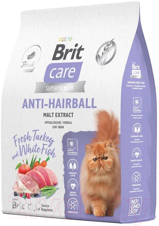 Сухой корм для кошек Brit Care Cat Anti-Hairball с белой рыбой и индейкой / 5066278