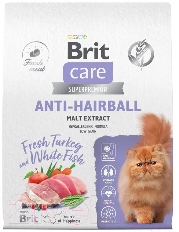 Сухой корм для кошек Brit Care Cat Anti-Hairball с белой рыбой и индейкой / 5066278