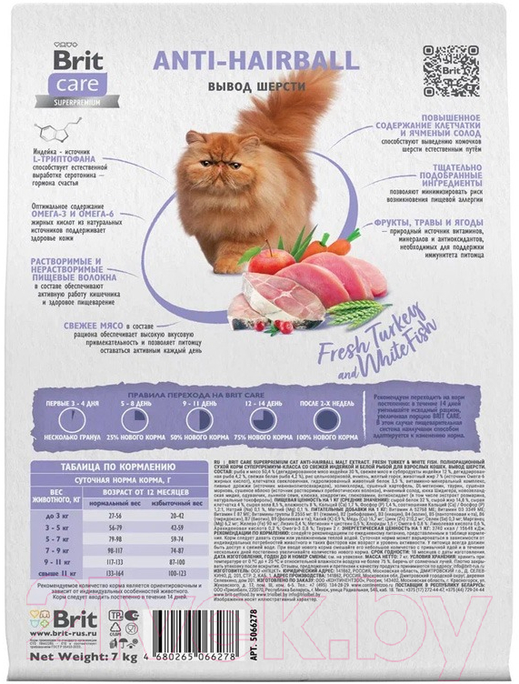 Сухой корм для кошек Brit Care Cat Anti-Hairball с белой рыбой и индейкой / 5066278