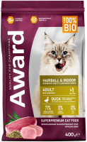 Сухой корм для кошек Award Hairball&Indoor с уткой и индейкой с доб. чечевицы / 7173662 (400г) - 