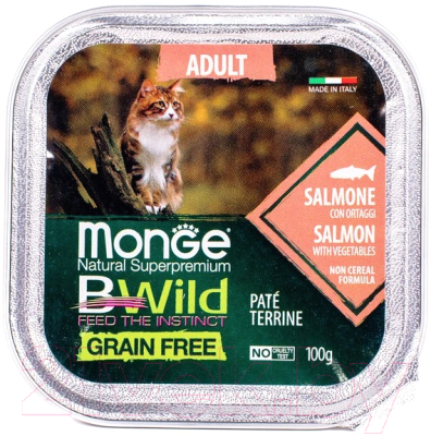 Влажный корм для кошек Monge BWild Grain Free из лосося с овощами, ламистер (100г)