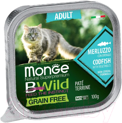 Влажный корм для кошек Monge BWild Grain Free из трески с овощами, ламистер (100г)