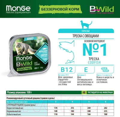 Влажный корм для кошек Monge BWild Grain Free из трески с овощами, ламистер (100г)