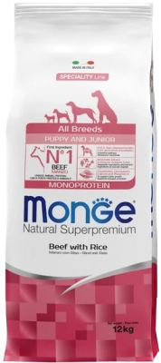 Сухой корм для собак Monge Speciality Line Monoprotein Puppy&Junior с говядиной и рисом (12кг)