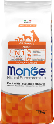 Изображение товара Сухой корм для собак Monge Speciality Line Monoprotein С уткой, рисом и картофелем (12кг)