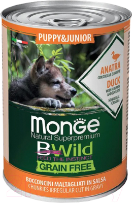 Влажный корм для собак Monge BWild Grain Free Puppy&Junior с уткой, тыквой и кабачками (400г)