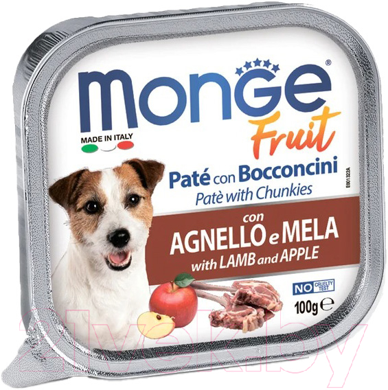 Влажный корм для собак Monge Fruit с ягненком и яблоком, ламистер (100г)