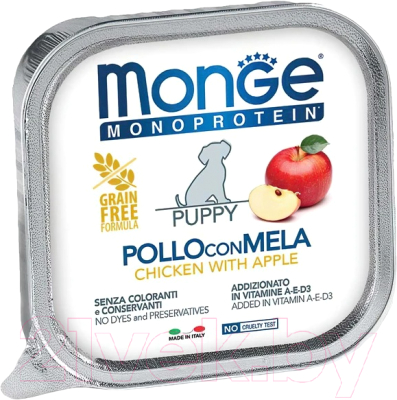 Влажный корм для собак Monge Monoprotein Fruits с курицей, яблокок и ламистер (150г)